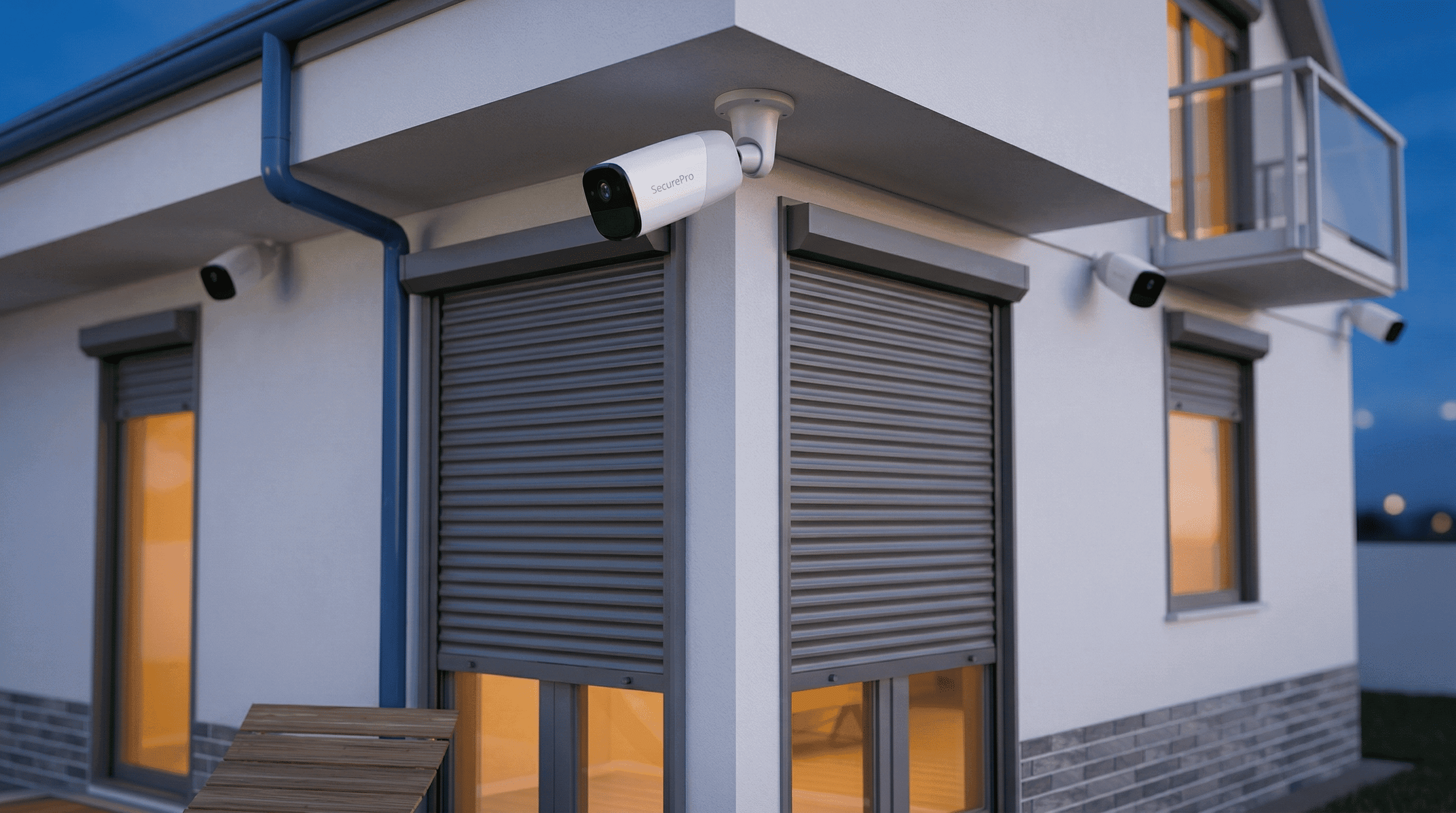 Outdoor security cameras and roller shutters on residential building at dusk
