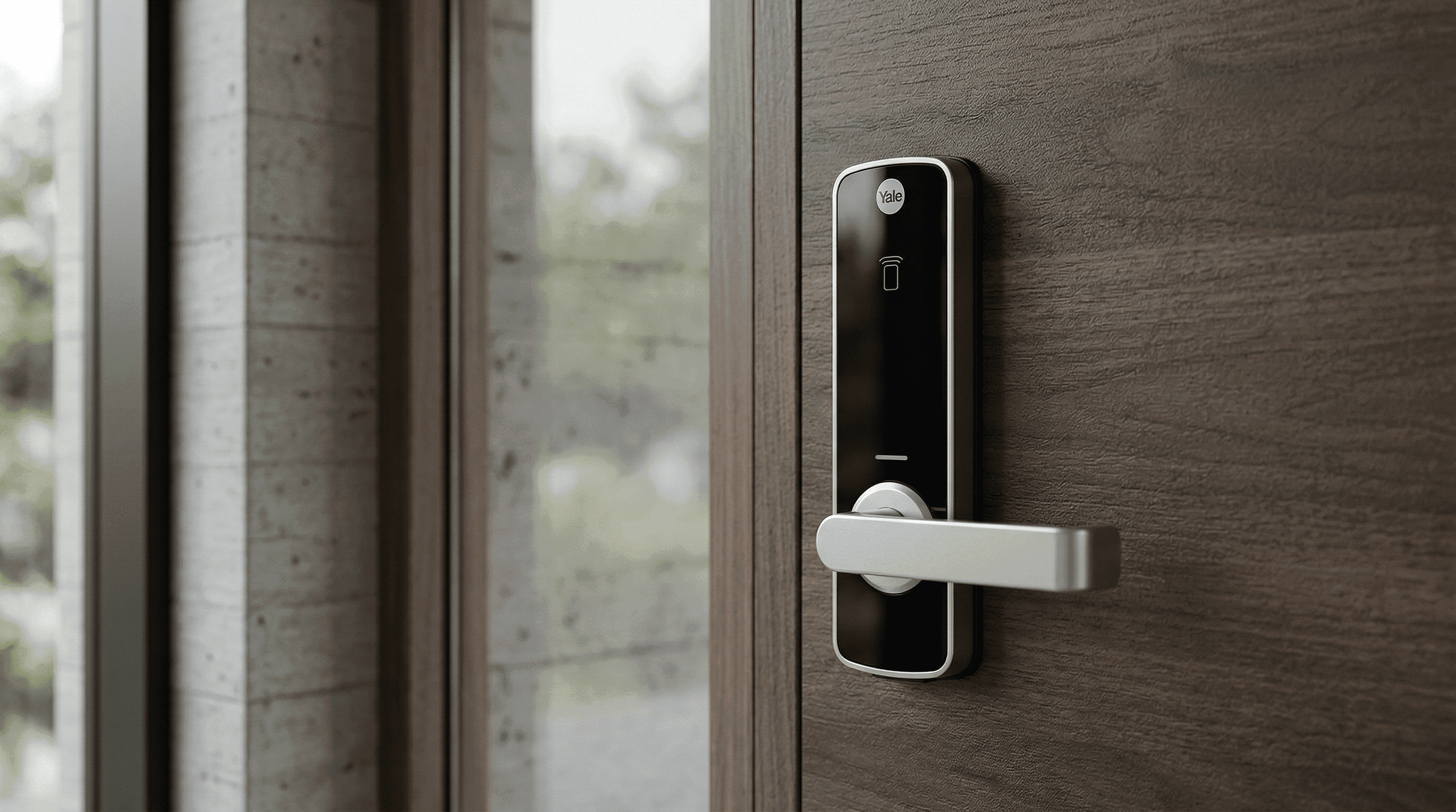 Smart electronic door lock with keypad on a timber front door
