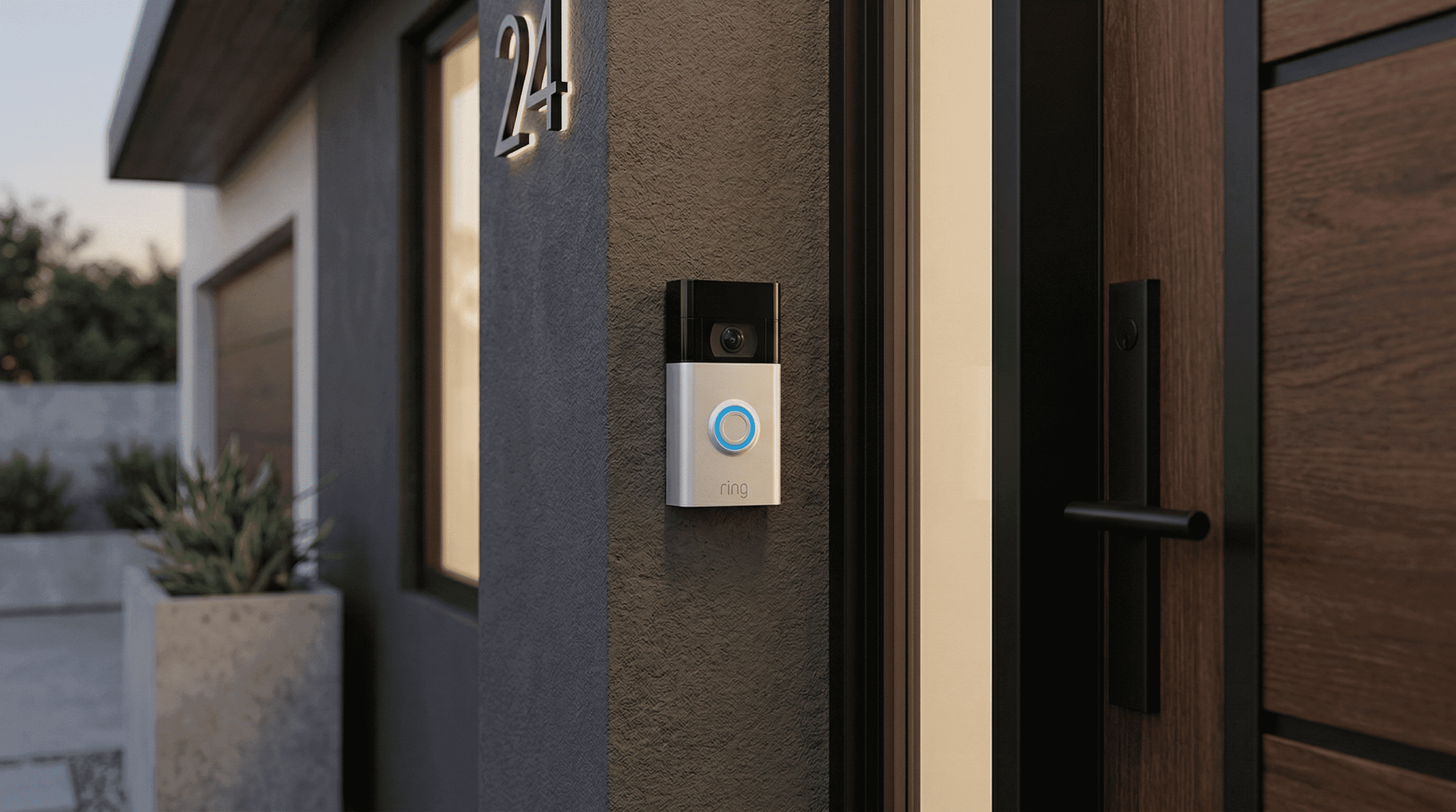 Smart video doorbell at modern home entrance