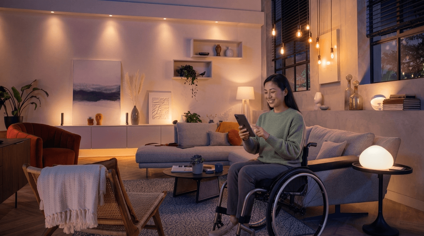 Smart home lighting with warm ambient glow in modern living room