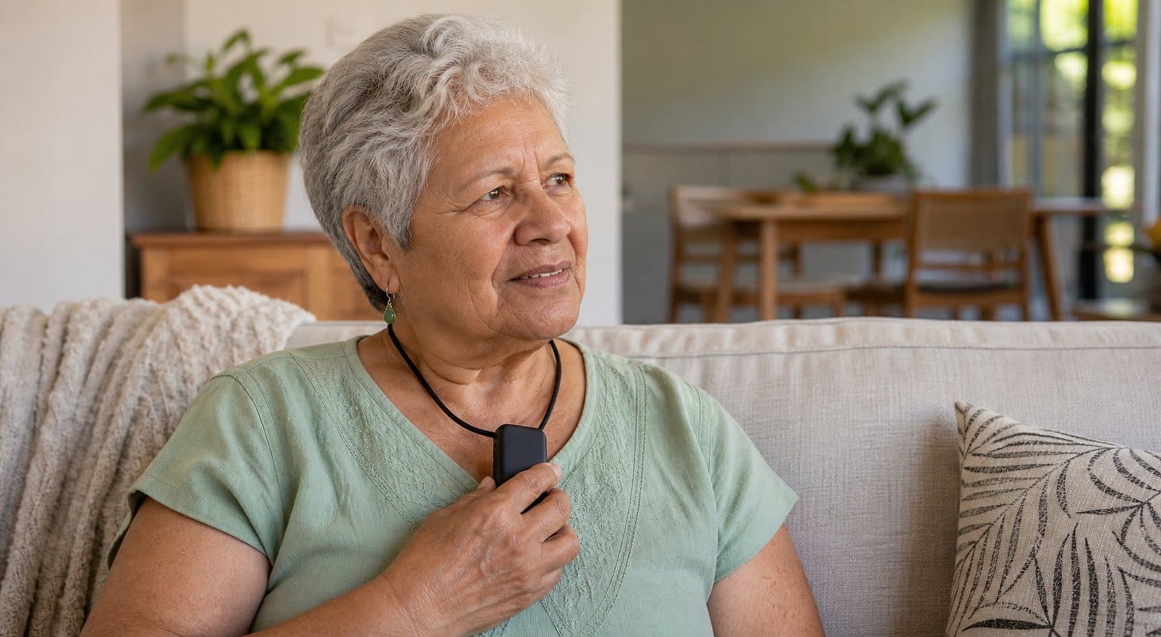 Older adult independently using a personal amplified listening device with a neck loop
