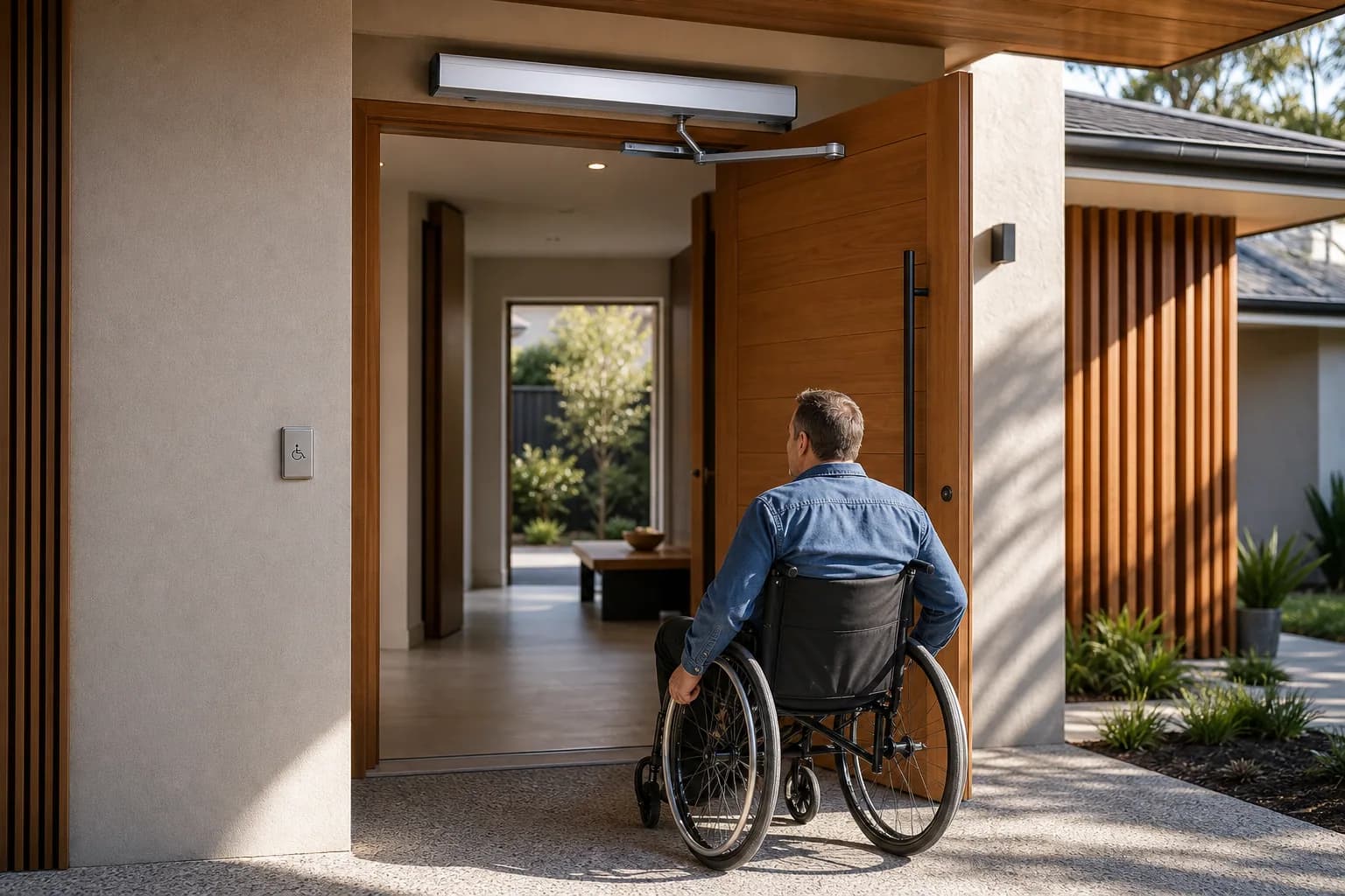 Wheelchair user approaching a front door opened by an automatic swing-door operator