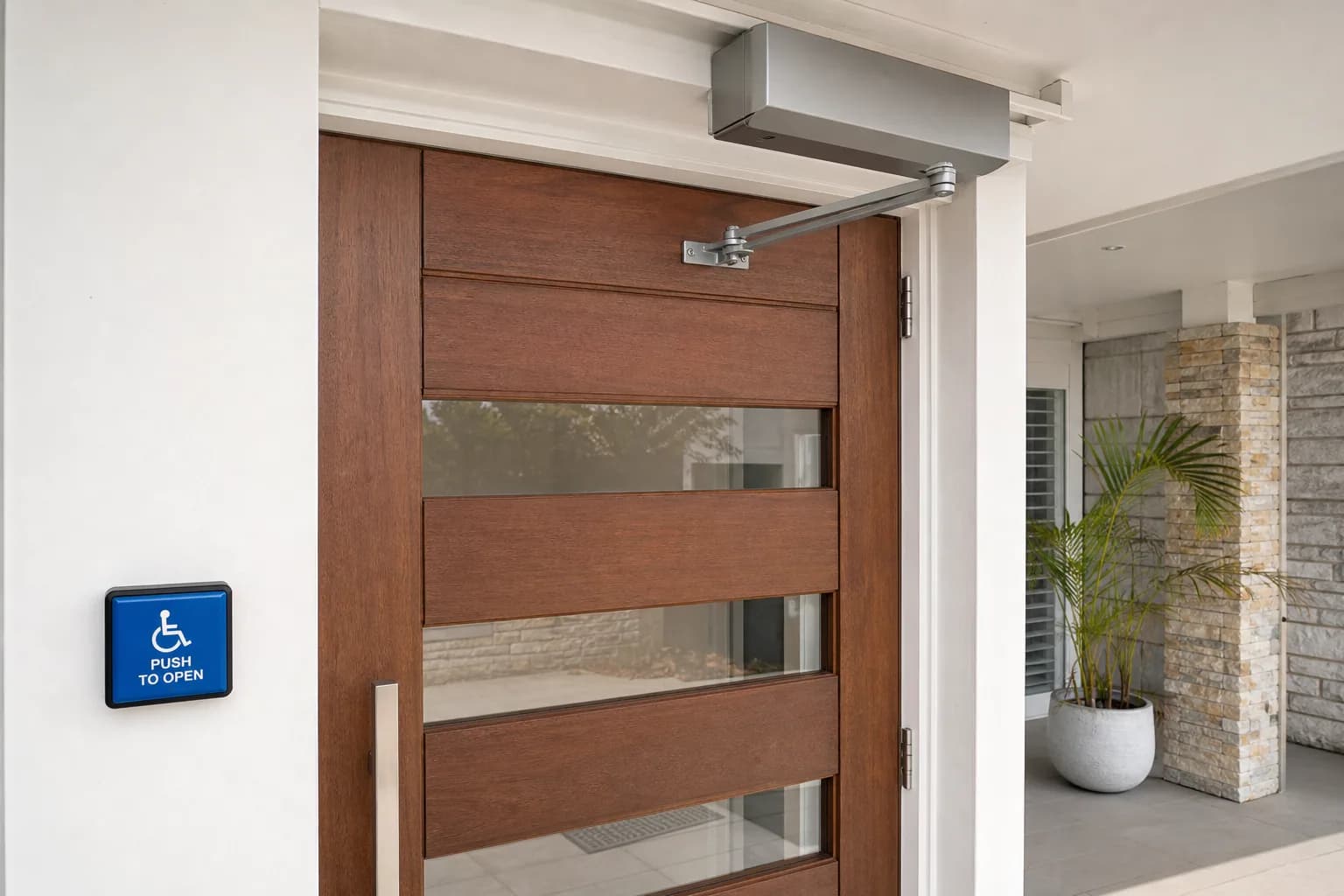 Automatic swing-door operator and accessible push plate professionally retrofitted to a residential front door