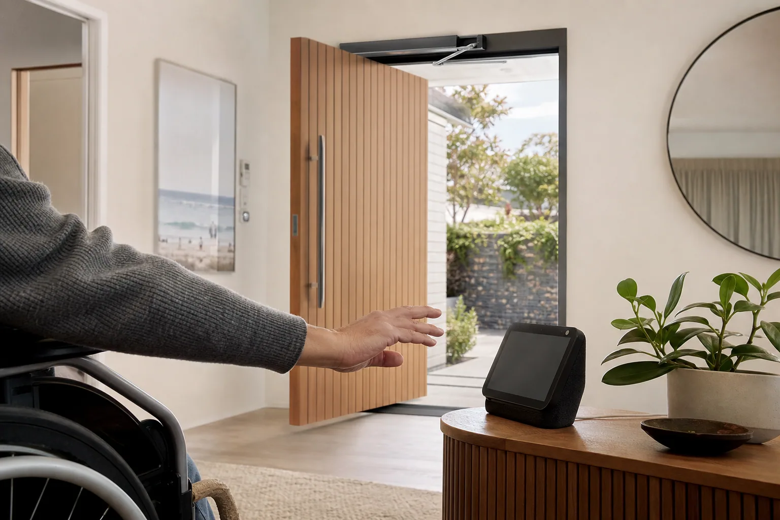 Wheelchair user controlling an automatic front door hands-free through a smart display