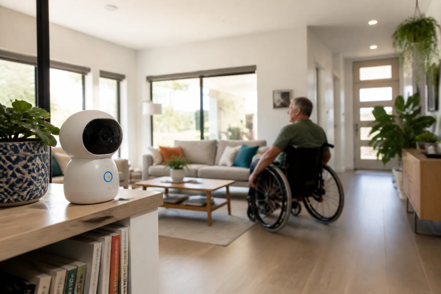 Discreet indoor safety camera monitoring an accessible living room while a wheelchair user moves independently at home