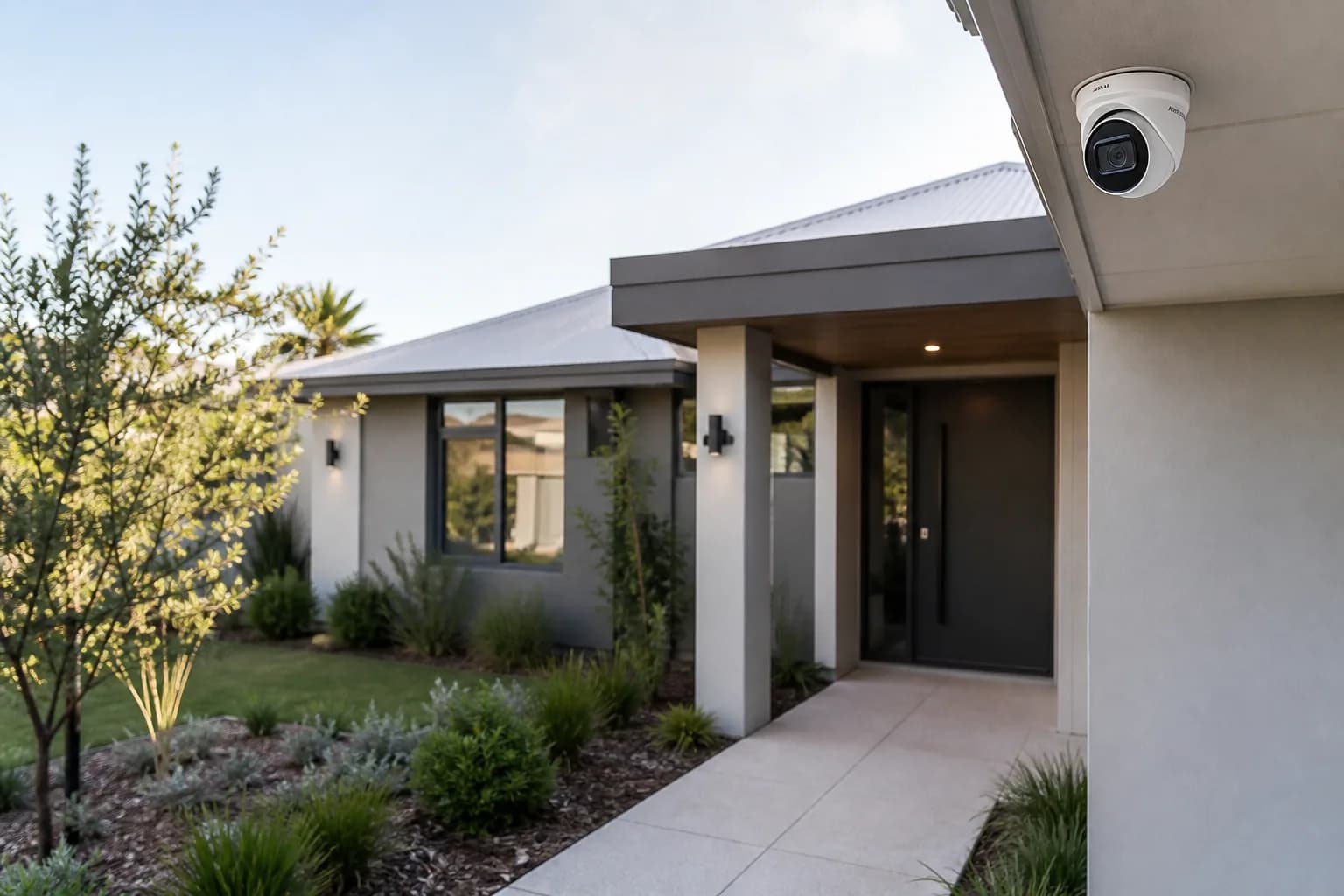 Outdoor security camera mounted under the eaves of a Perth home, covering the front entry and driveway