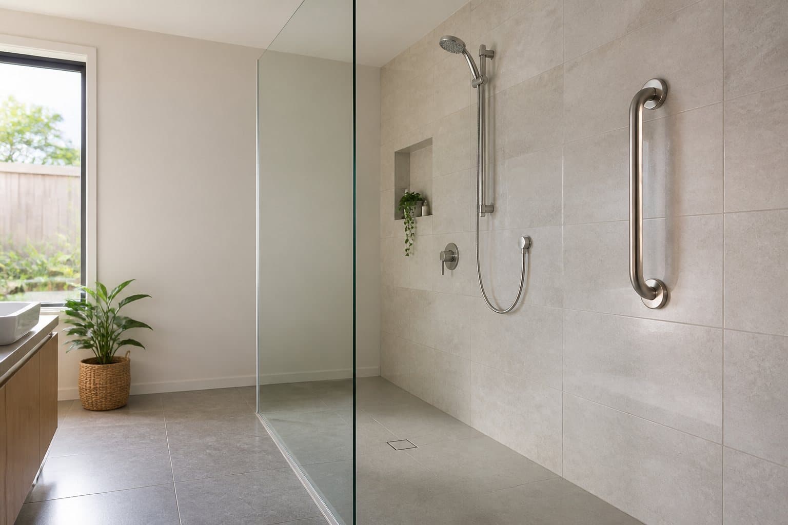 Stainless steel grab rail installed in a modern accessible bathroom
