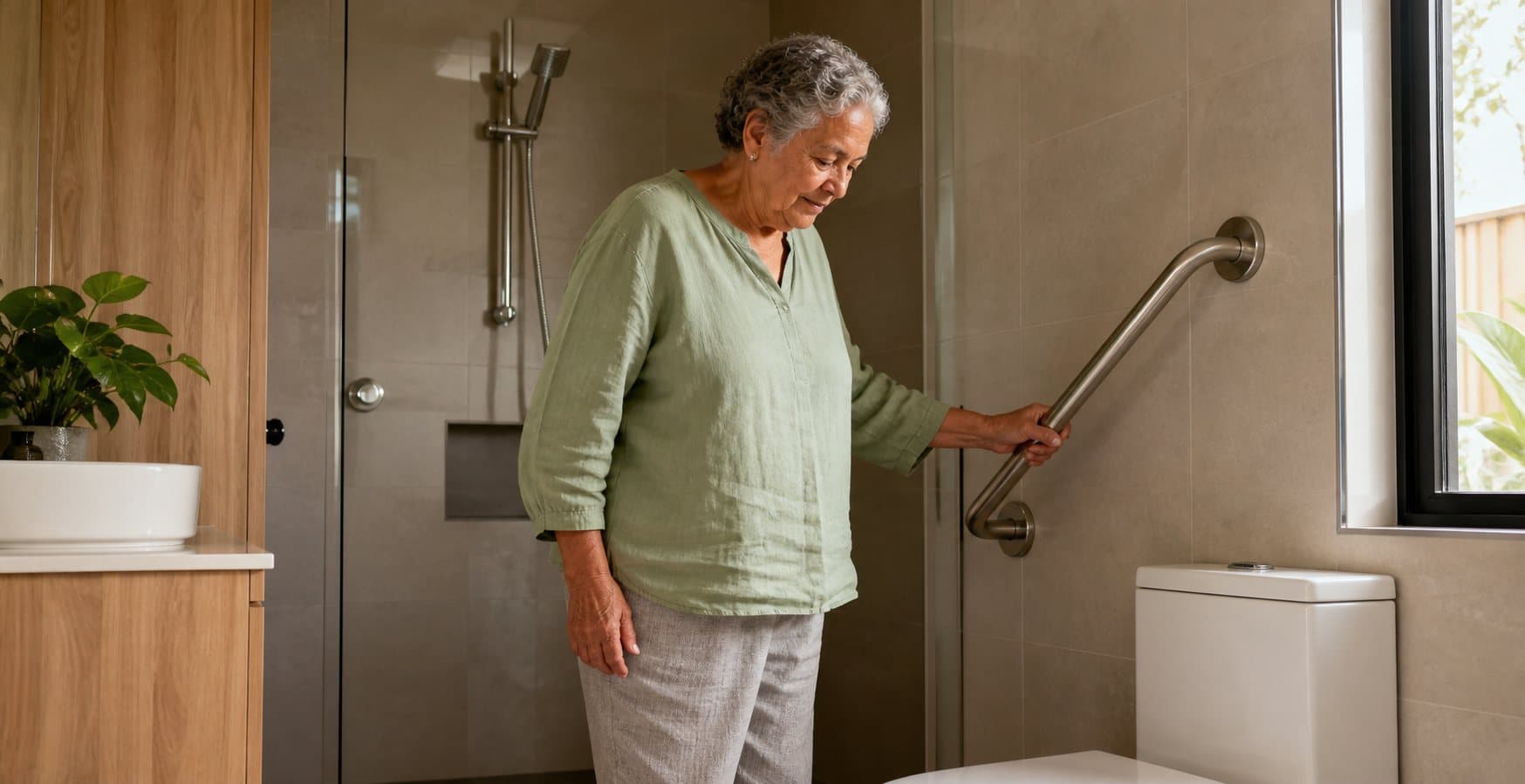 Older adult confidently using an angled stainless steel grab rail in a modern accessible bathroom