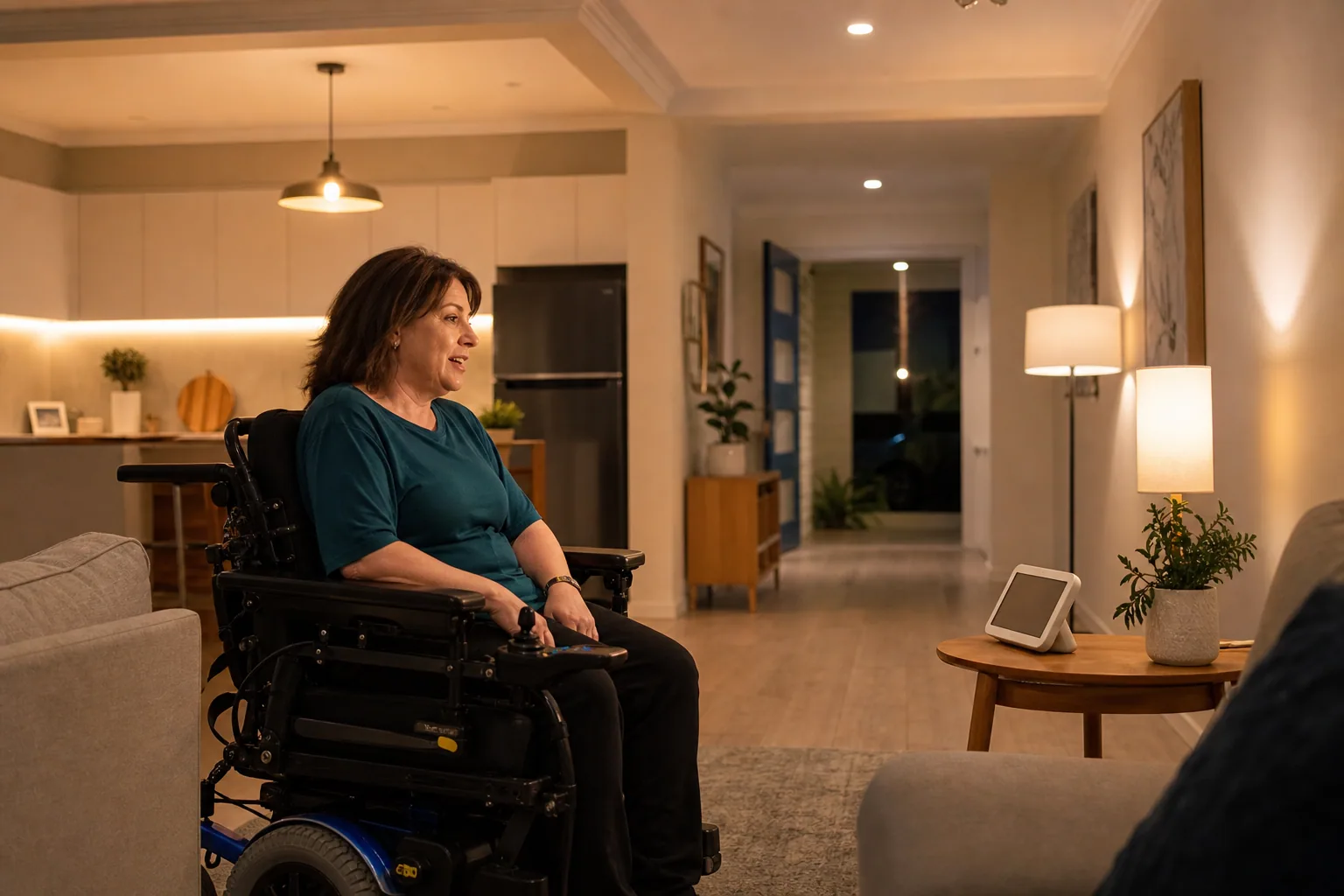 Power wheelchair user controlling layered smart lighting by voice through a home display