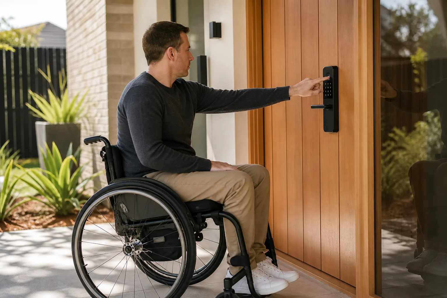 Wheelchair user unlocking a modern front door independently with a fingerprint smart lock