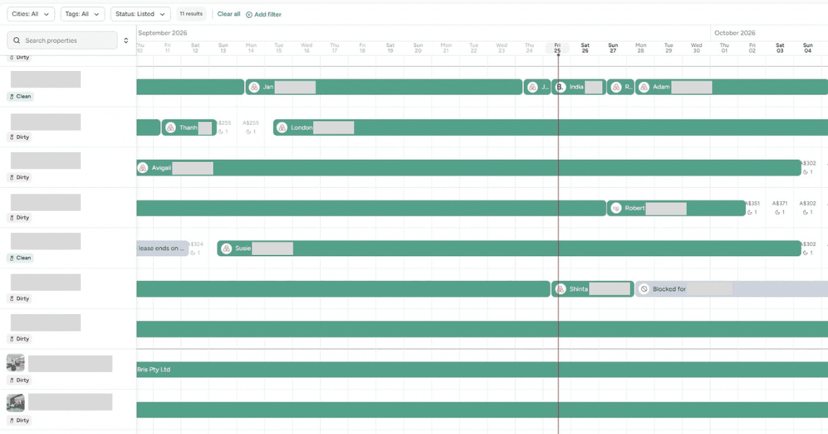 Booking calendar for our short stay listings in late September 2026, with nearly every night booked