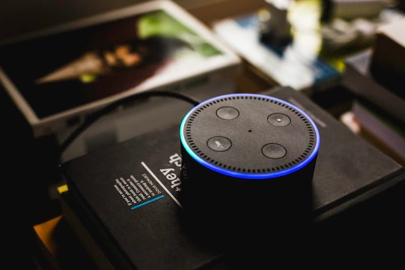 Amazon Echo smart speaker with voice assistant for hands-free home automation