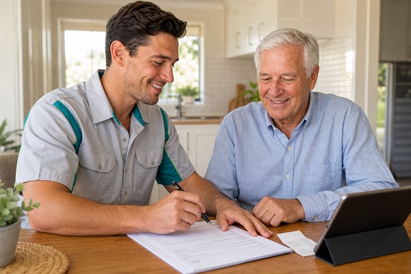 Technician helping a senior complete rebate paperwork at home
